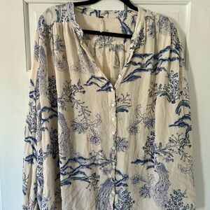 Free People Cream and Blue Printed Button-Up Blouse